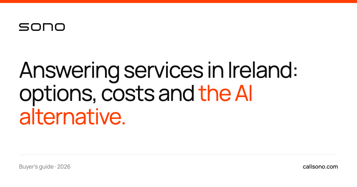 Editorial Sono card reading 'Answering services in Ireland: options, costs and the AI alternative' above a 'Buyer's guide · 2026' byline.