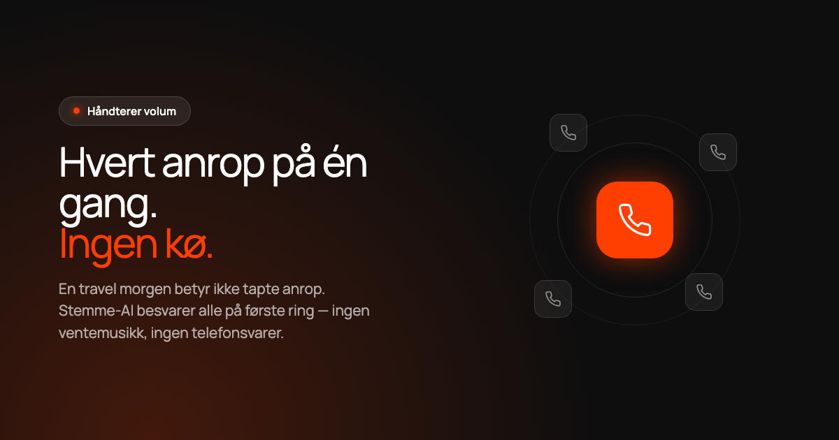 Mørk grafikk med teksten Hvert anrop på én gang, ingen kø, ved siden av et telefonikon omgitt av flere innkommende anrop.