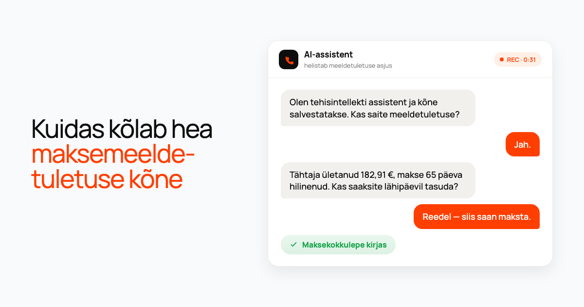 Kõne vestluskaart: tehisintellekti assistent nimetab 182,91 euro suuruse tähtaja ületanud võla, mis on 65 päeva hilinenud, klient lubab maksta reedel ja maksekokkulepe kirjatakse.