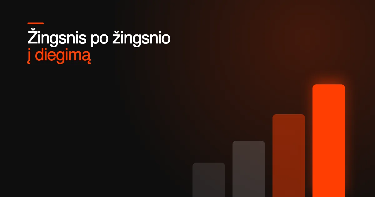 Kylantys stulpeliai link švytinčio oranžinio stulpelio, šalia teksto žingsnis po žingsnio į veikimą.