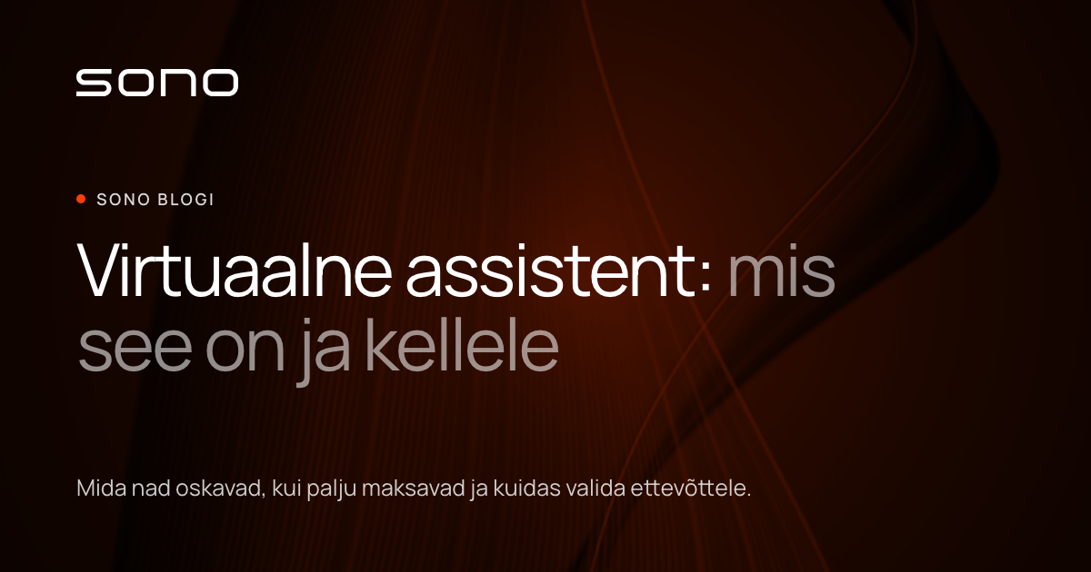 Sono bränditud kaanepilt tekstiga „Virtuaalne assistent: mis see on ja kellele" ning lühikokkuvõte sellest, mida assistendid oskavad ja kui palju need maksavad.