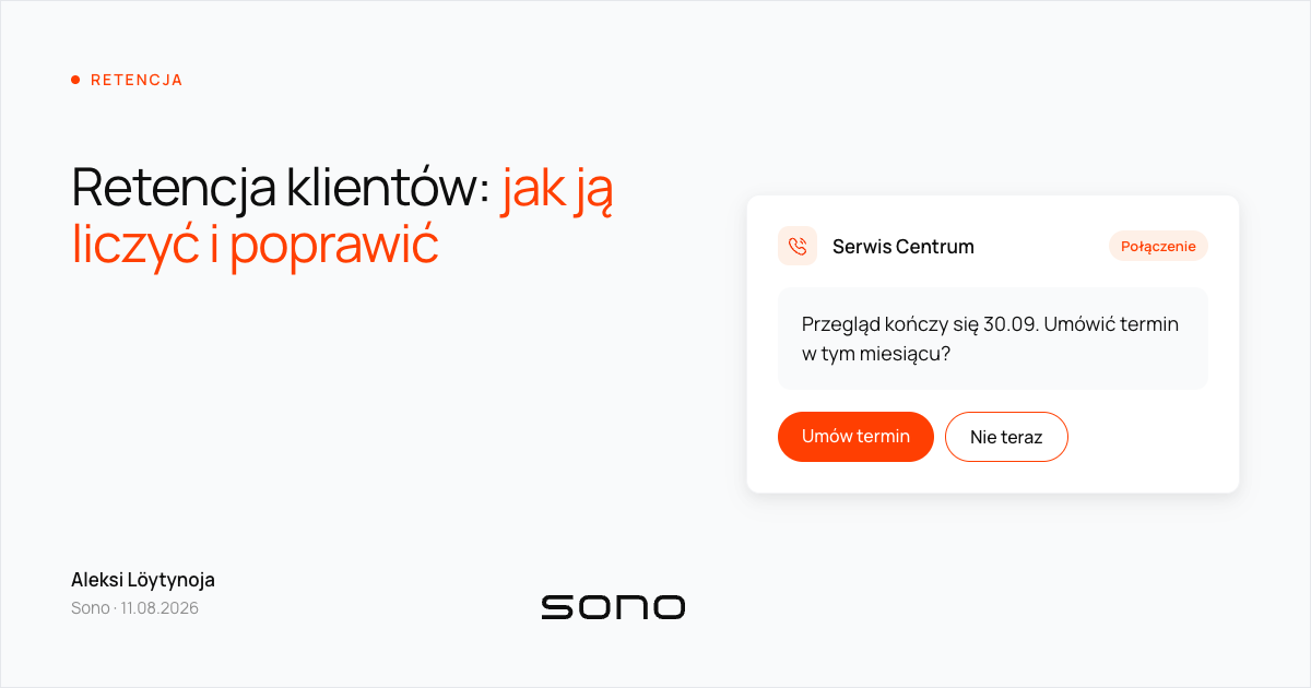 Obraz tytułowy: obok nagłówka „Retencja klientów: jak ją liczyć i poprawić” karta przypomnienia o kończącym się przeglądzie z przyciskami „Umów termin” i „Nie teraz”.