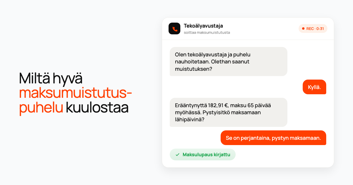 Puhelun chattikortti: tekoälyavustaja kertoo 182,91 euron erääntyneen saldon, joka on 65 päivää myöhässä, asiakas lupaa maksaa perjantaina ja maksulupaus kirjataan.