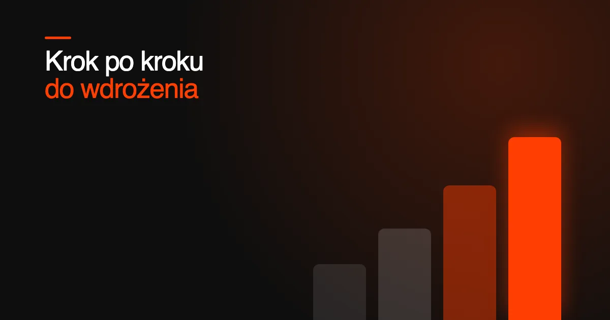 Rosnące słupki w kierunku świecącego pomarańczowego słupka, przy tekście krok po kroku do wdrożenia.